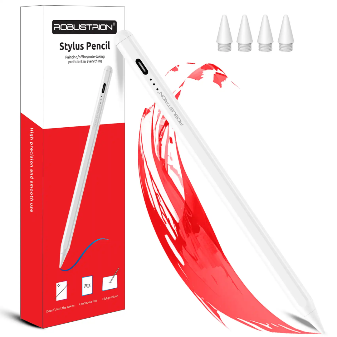 Robustrion Stylus Pencil for iPad [Fast Charge] [Palm Rejection] [Type C] for iPad 6/7/8/9/10/11th Gen A16, Air 3/4/5 Generation, iPad Air 11/13 M2/M3, All iPad Pro 11/12.9/13, Mini 5/6/7 - White