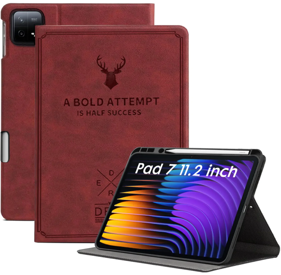 Robustrion Cover for Xiaomi Pad 7 11.2 inch Cover Case, Deer Pattern Flip Case Cover with Pencil Holder for Xiaomi Mi Pad 7 Cover, Support Auto Sleep Wake - VineRed