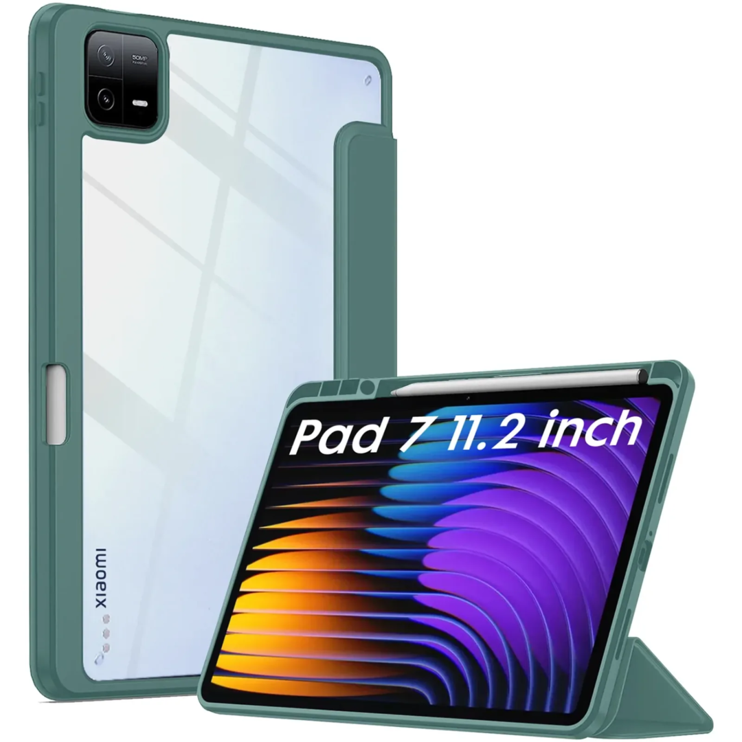 Robustrion Cover for Xiaomi Pad 7 Cover Case 11.2 inch, Hybrid Flip Case Cover with [Transparent Back] and [Pencil Holder] for Xiaomi Mi Pad 7 11.2 inch Cover [Support Auto Sleep Wake] - DKGreen