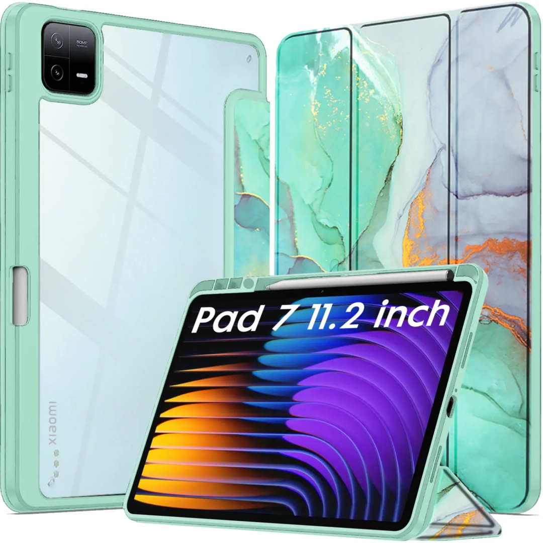 Robustrion Cover for Xiaomi Pad 7 Cover Case 11.2 inch, Hybrid Flip Case Cover with [Transparent Back] and [Pencil Holder] for Xiaomi Mi Pad 7 11.2 inch Cover [Support Auto Sleep Wake] - MarbleGreen