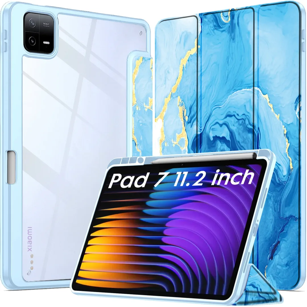 Robustrion Cover for Xiaomi Pad 7 Cover Case 11.2 inch, Hybrid Flip Case Cover with [Transparent Back] and [Pencil Holder] for Xiaomi Mi Pad 7 11.2 inch Cover [Support Auto Sleep Wake] - OceanBlue