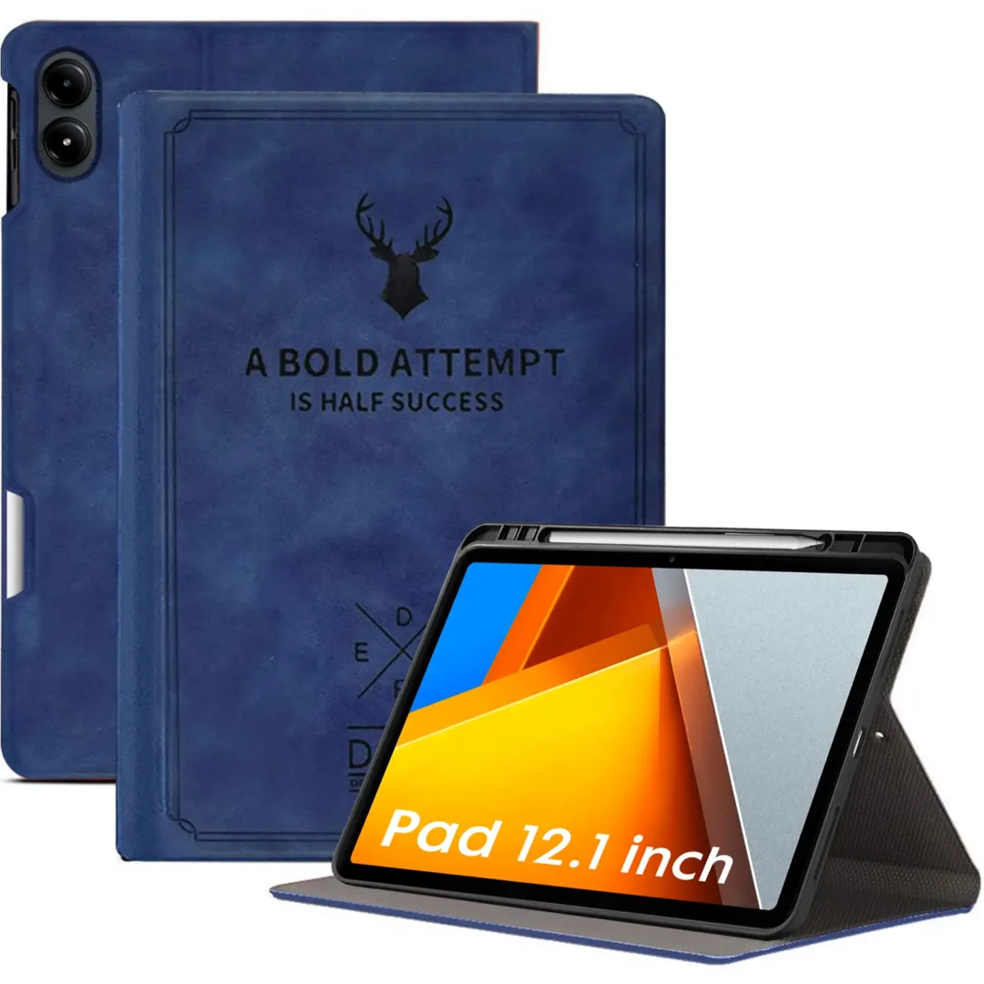 Robustrion Cover for Poco Pad 12.1 Cover Case, Deer Pattern Flip Cover with Pencil Holder for Poco Pad 5G Tablet 12.1 inch [ Auto Sleep Wake Support] - Blue