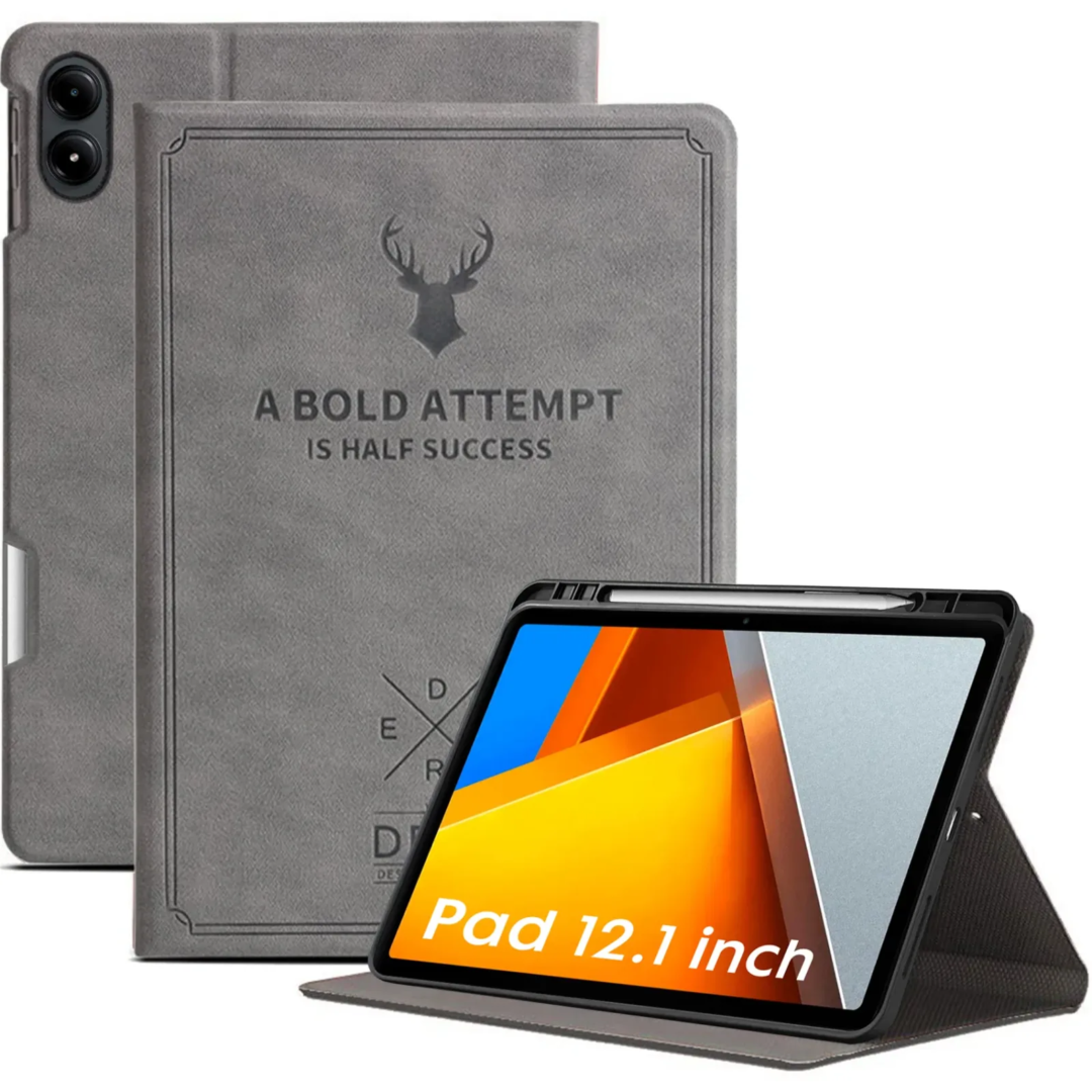 Robustrion Cover for Poco Pad 12.1 Cover Case, Deer Pattern Flip Cover with Pencil Holder for Poco Pad 5G Tablet 12.1 inch [ Auto Sleep Wake Support] - Grey