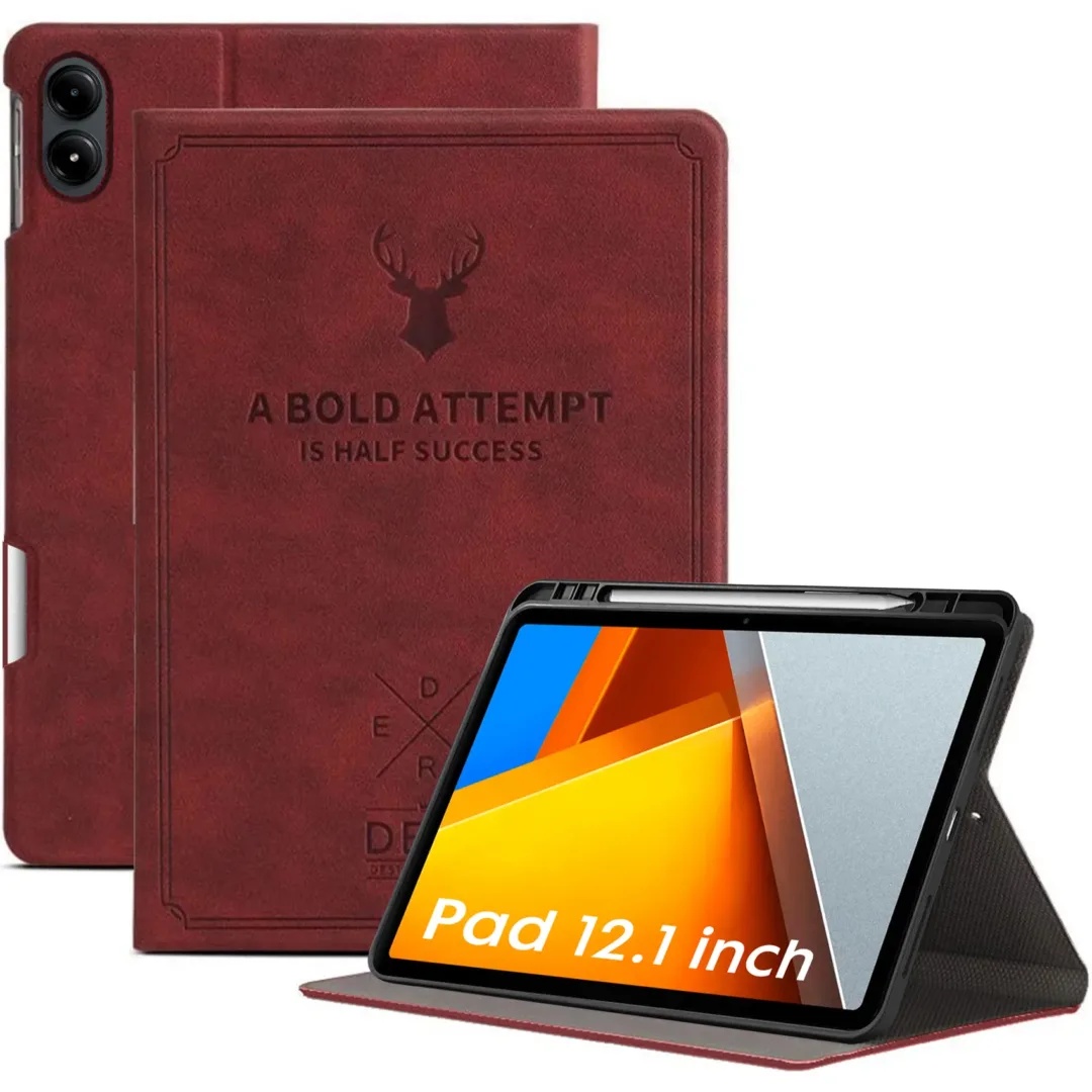 Robustrion Cover for Poco Pad 12.1 Cover Case, Deer Pattern Flip Cover with Pencil Holder for Poco Pad 5G Tablet 12.1 inch [ Auto Sleep Wake Support] - VineRed