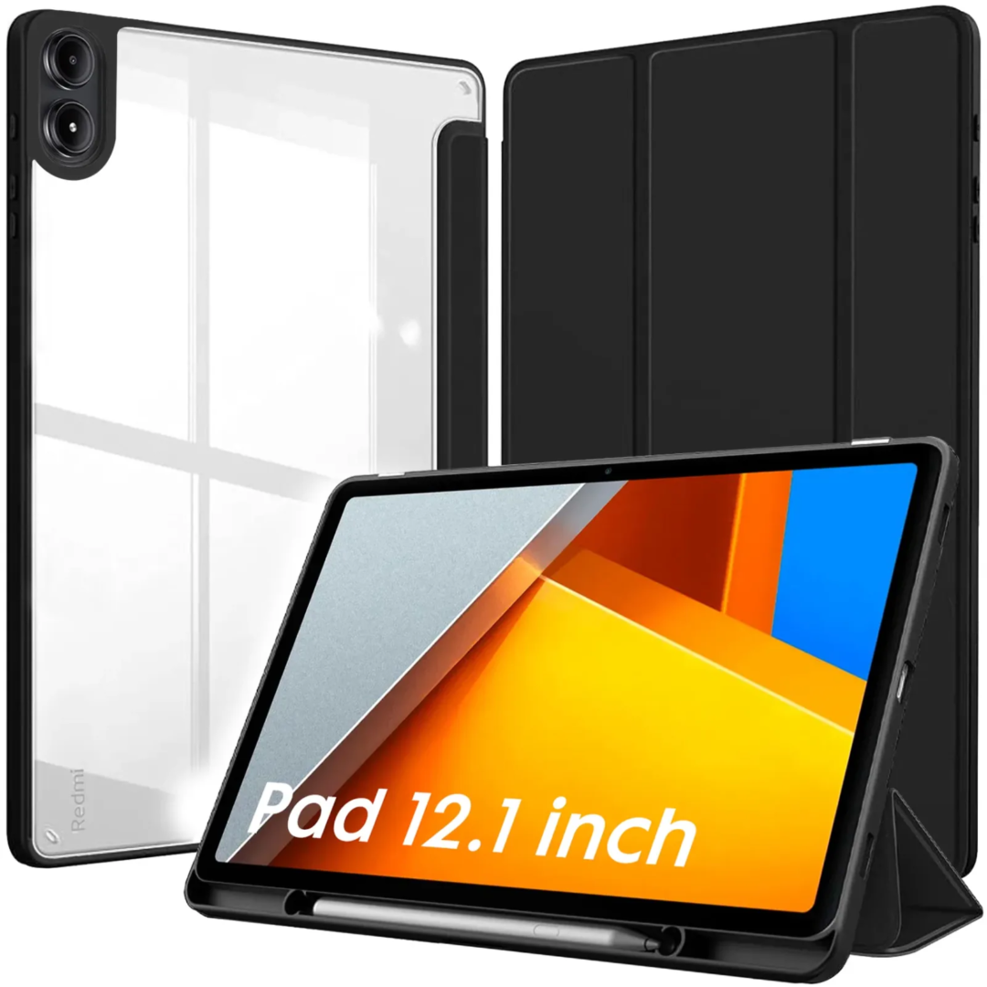 Robustrion Cover for Poco Pad 12.1 Cover Case, Hybrid Cover with Pencil Holder for Poco Pad 5G Tablet 12.1 inch [ Auto Sleep Wake Support] [Transparent Back] - Black