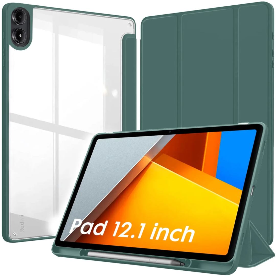 Robustrion Cover for Poco Pad 12.1 Cover Case, Hybrid Cover with Pencil Holder for Poco Pad 5G Tablet 12.1 inch [ Auto Sleep Wake Support] [Transparent Back] - DarkGreen