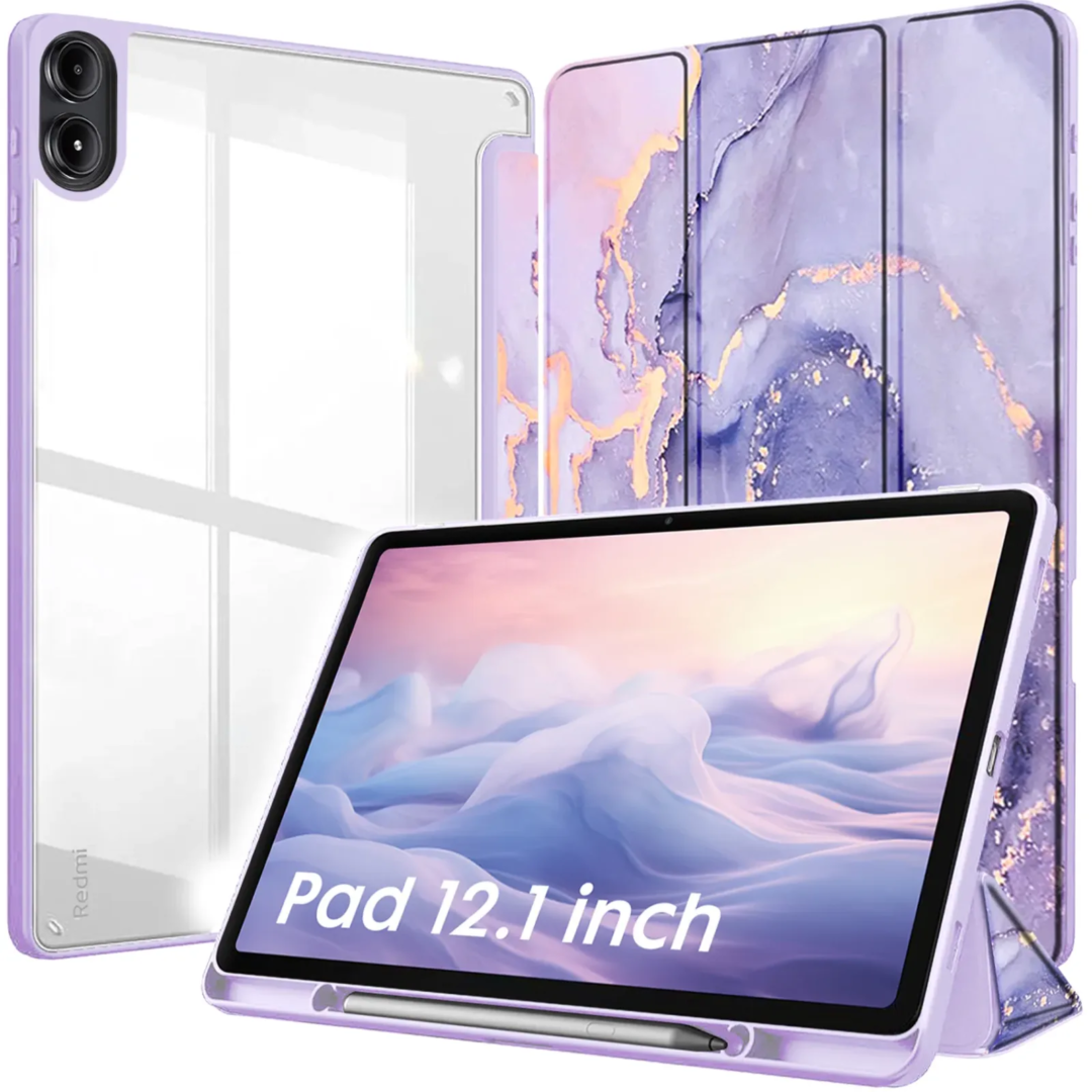 Robustrion Cover for Poco Pad 12.1 Cover Case, Hybrid Cover with Pencil Holder for Poco Pad 5G Tablet 12.1 inch [ Auto Sleep Wake Support] [Transparent Back] - MrblLilac