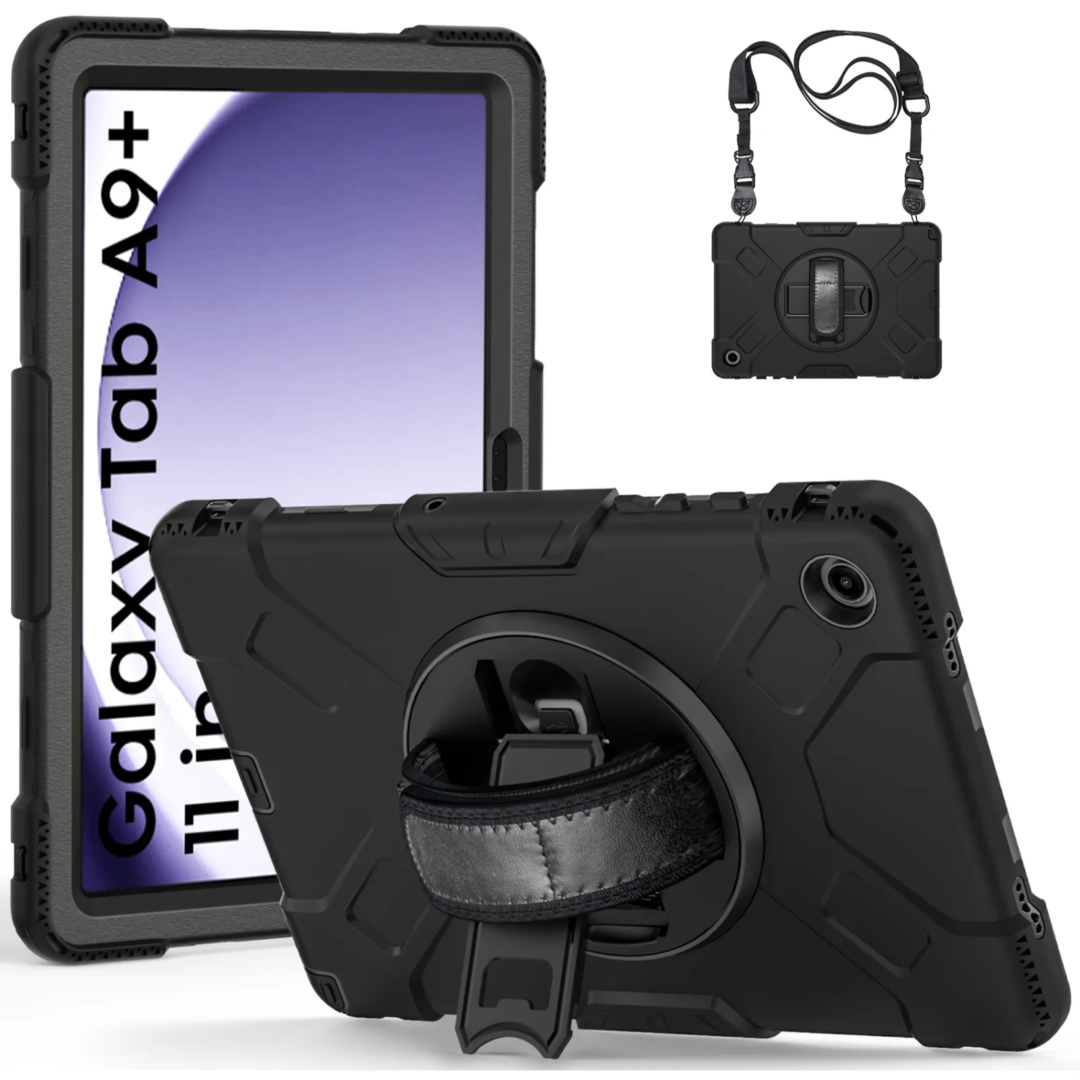Robustrion Cover for Samsung Tab A9 Plus 11 inch, Armor Shockproof Cover with [Shoulder Strap] and [360 Degree Rotating Hand Strap and Stand] for Galaxy Tab A9+ 11" - Black