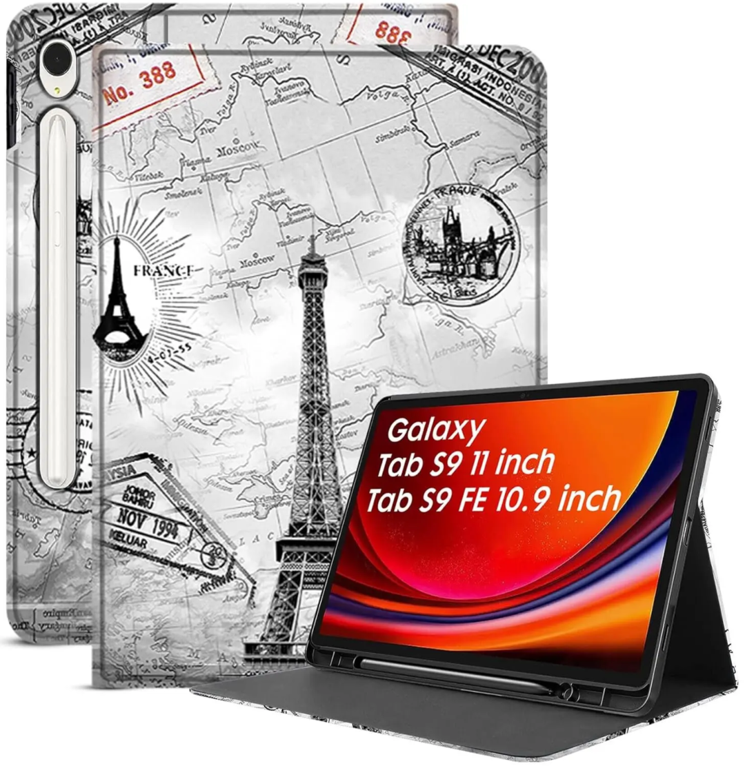 Robustrion Cover Case for Samsung Galaxy Tab S9 FE 10.9 inch/Tab S9 11 inch, Folio Cover Case with [Pencil Holder] [Auto Sleep Wake] for Samsung Tab S9 / S9 FE Tablet - Eiffel