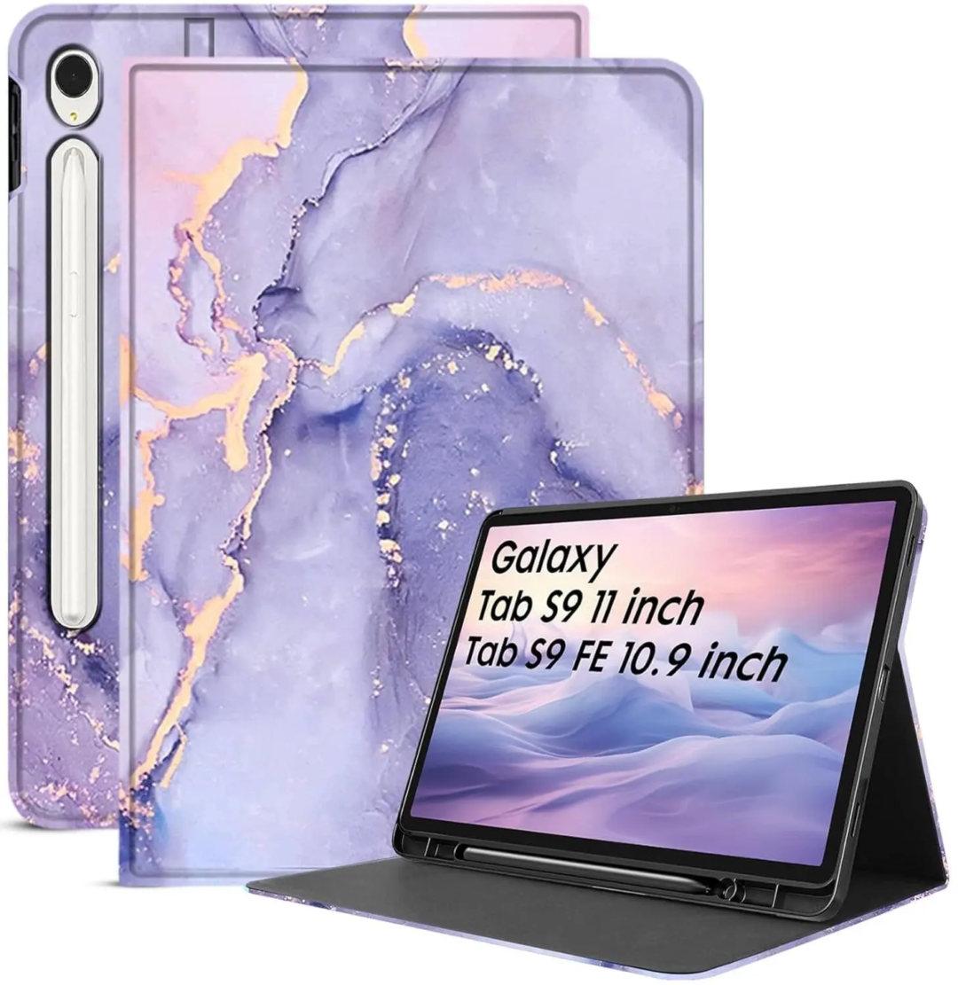 Robustrion Cover Case for Samsung Galaxy Tab S9 FE 10.9 inch/Tab S9 11 inch, Folio Cover Case with [Pencil Holder] [Auto Sleep Wake] for Samsung Tab S9 / S9 FE Tablet - MarbleLilac