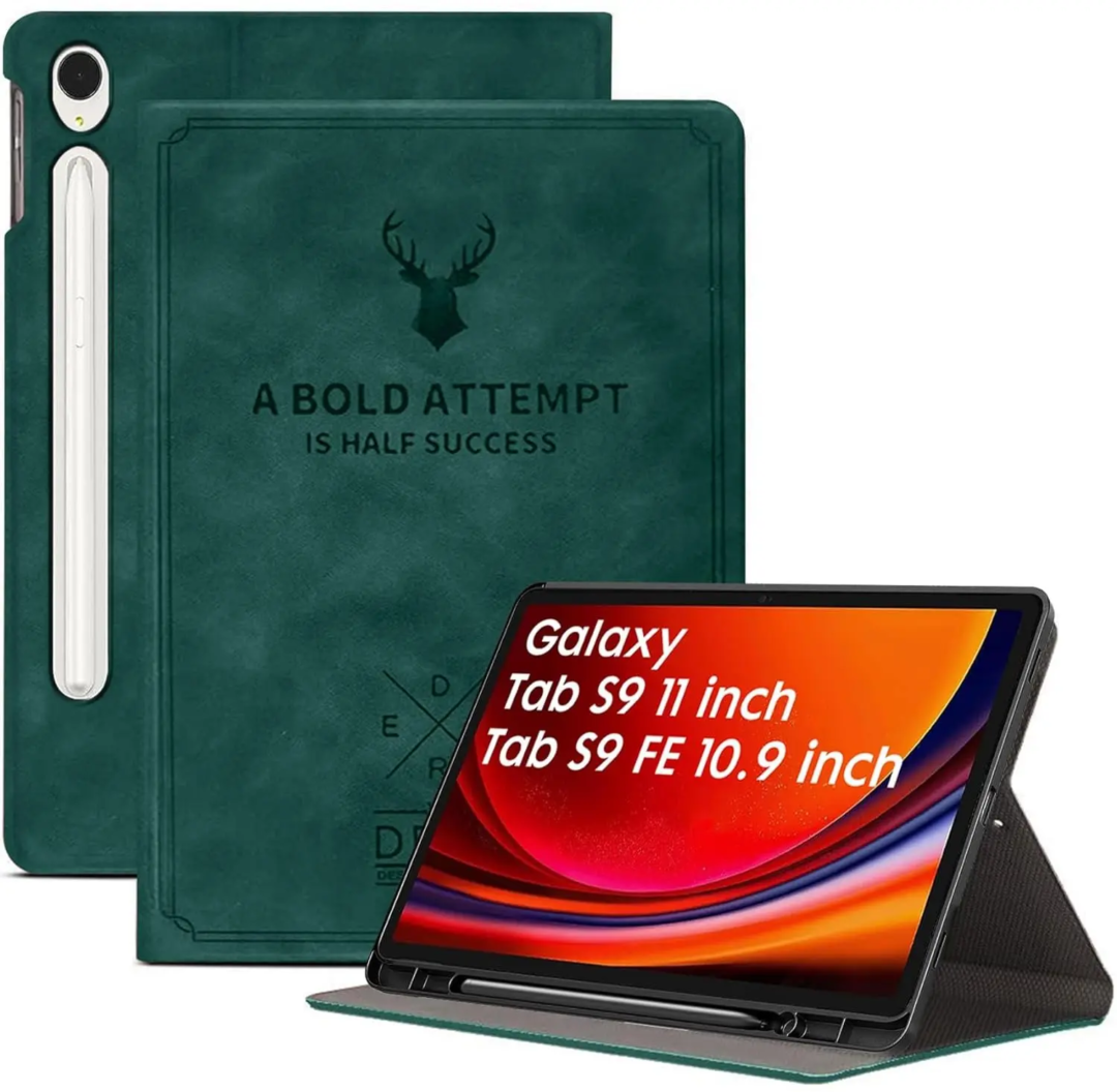 Robustrion Cover for Samsung Tab S9 11 inch/Samsung Tab S9 FE Cover Case 10.9 inch, Deer Flip Case Cover with [S Pen Holder] for Samsung Galaxy Tab S9 / S9 FE Tablet [Auto Sleep Wake] - DarkGreen