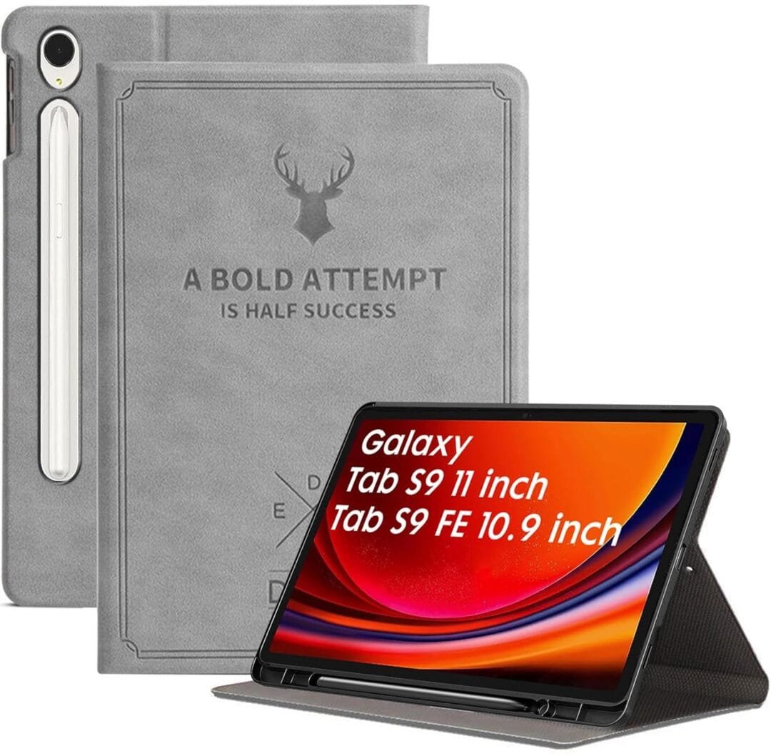 Robustrion Cover for Samsung Tab S9 11 inch/Samsung Tab S9 FE Cover Case 10.9 inch, Deer Flip Case Cover with [S Pen Holder] for Samsung Galaxy Tab S9 / S9 FE Tablet [Auto Sleep Wake] - Grey