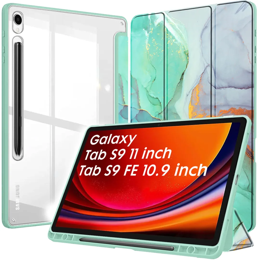 Robustrion Cover for Samsung Tab S9 11 inch/Samsung Tab S9 FE Cover Case 10.9 inch, Hybrid Flip Case Cover with [S Pen Holder] for Samsung Galaxy Tab S9 Tablet/Tab S9 FE [Auto Sleep Wake] - MarbleGreen