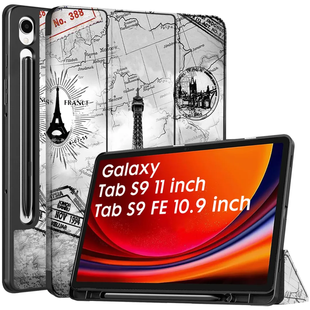 Robustrion Cover for Samsung Tab S9 11 inch/Tab S9 FE Cover Case 10.9 inch, Flip Case Cover with [S Pen Holder] for Samsung Galaxy Tab S9 Tablet/Tab S9 FE Tablet Cover [Auto Sleep Wake] - Eiffel