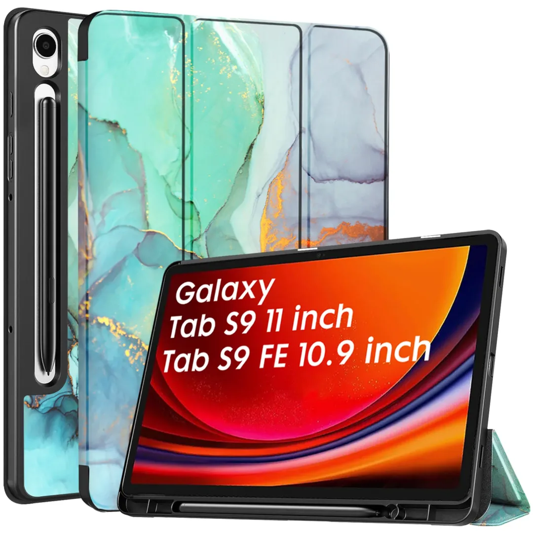 Robustrion Cover for Samsung Tab S9 11 inch/Tab S9 FE Cover Case 10.9 inch, Flip Case Cover with [S Pen Holder] for Samsung Galaxy Tab S9 Tablet/Tab S9 FE Tablet Cover [Auto Sleep Wake] - MarbleGreen