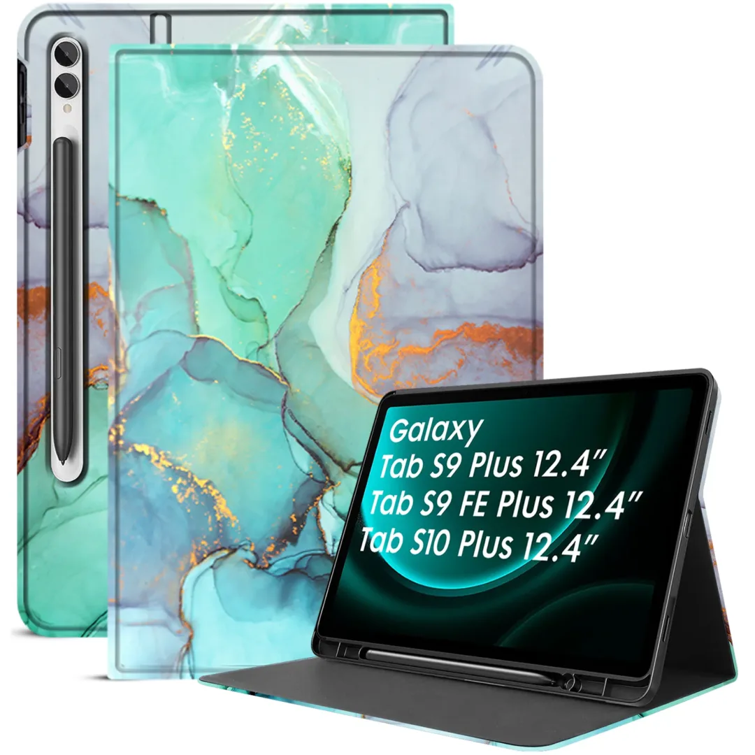 Robustrion Cover Case for Samsung Tab S9 FE Plus/Tab S10 Plus/Tab S9 Plus 12.4", Folio Cover with [Pencil Holder] [Auto Sleep Wake] for Samsung Galaxy Tab S9+ / S10 +/ S9 FE+ Tablet - MrbleGreen
