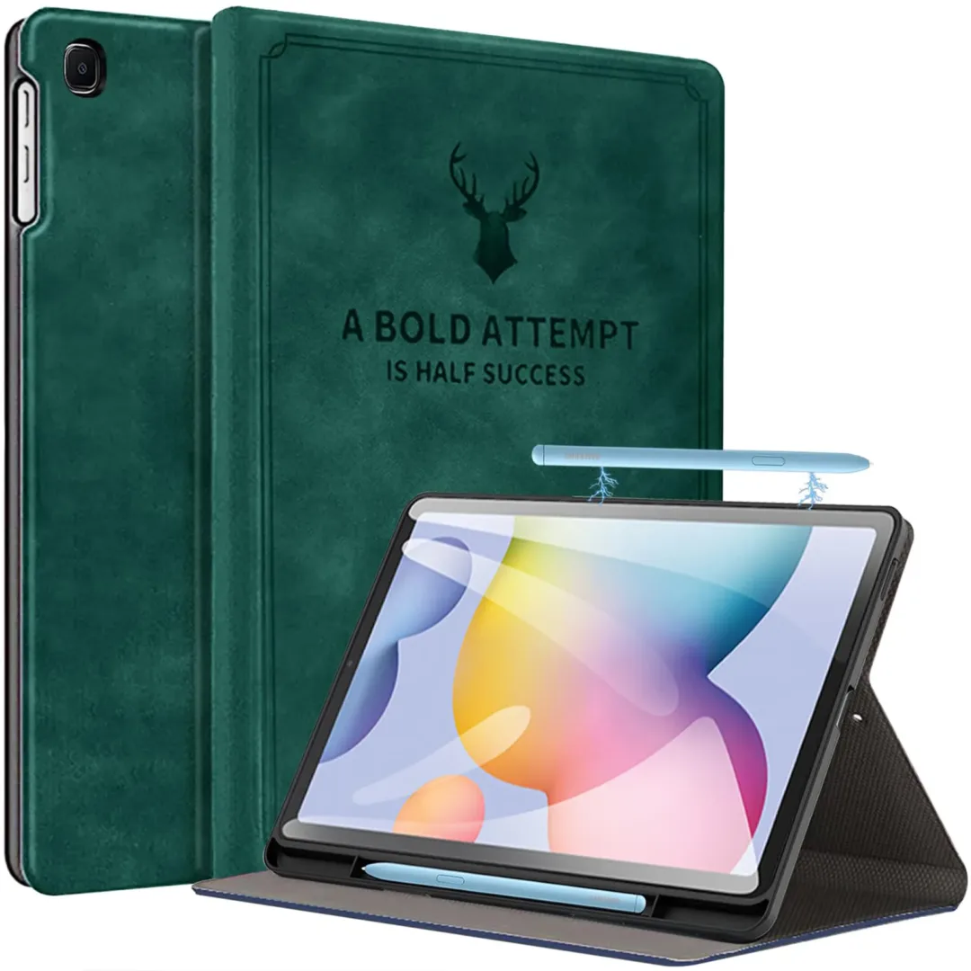 Robustrion Deer Pattern Flip Stand Case Cover with S Pen Holder for Samsung Galaxy Tab S6 Lite 10.4 inch SM-P610/P615/P613 - DarkGreen