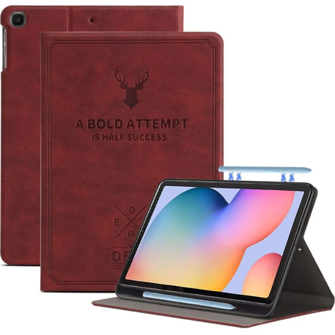 Robustrion Deer Pattern Flip Stand Case Cover with S Pen Holder for Samsung Galaxy Tab S6 Lite 10.4 inch SM-P610/P615/P613 - Vine Red