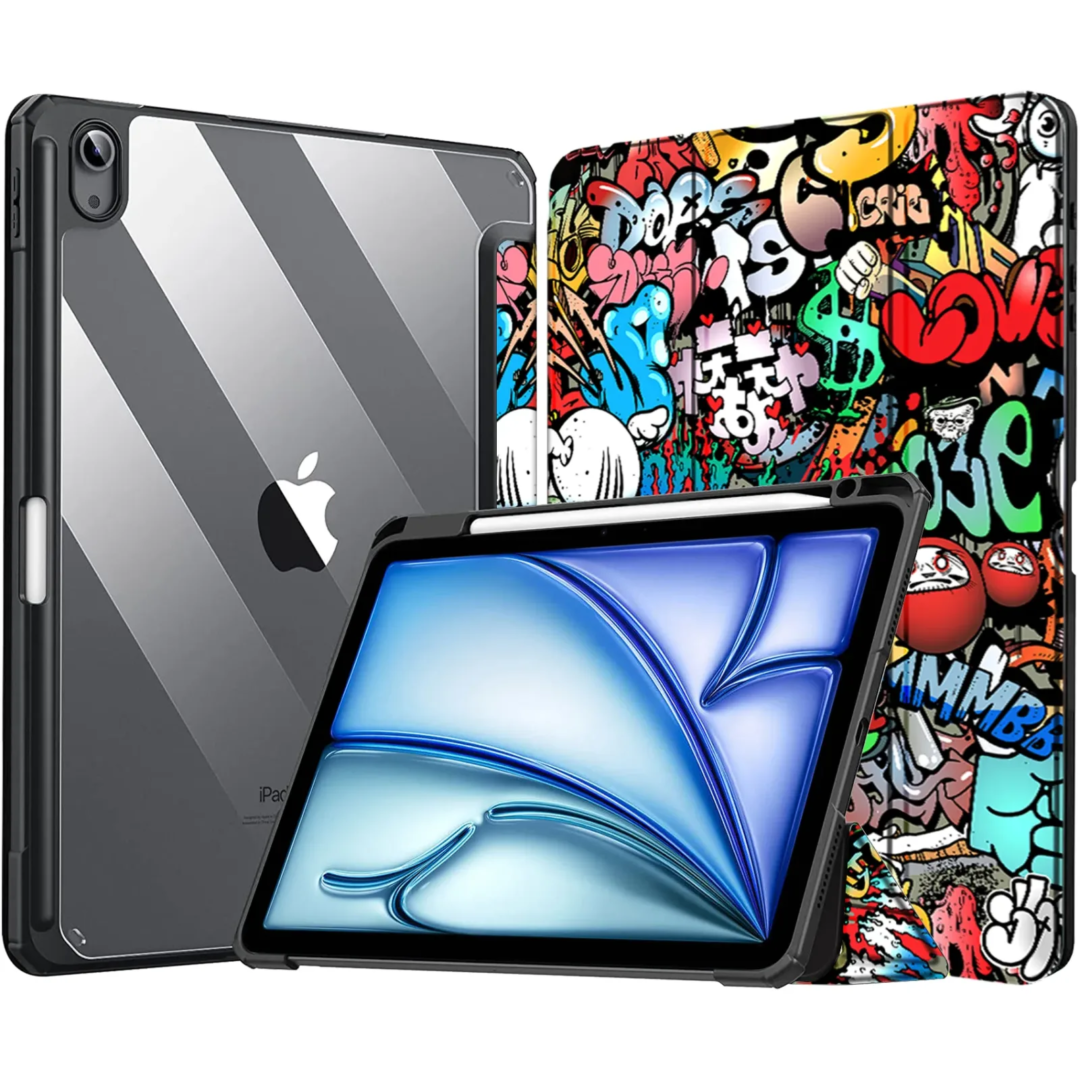 Robustrion Cover for iPad Air 13 inch M3/M2 (2025/2024) Cover Case with [Pencil Holder] [Transparent Back] Hybrid Case Cover for iPad Air 13 inch [Auto Sleep Wake Support] - Hippy