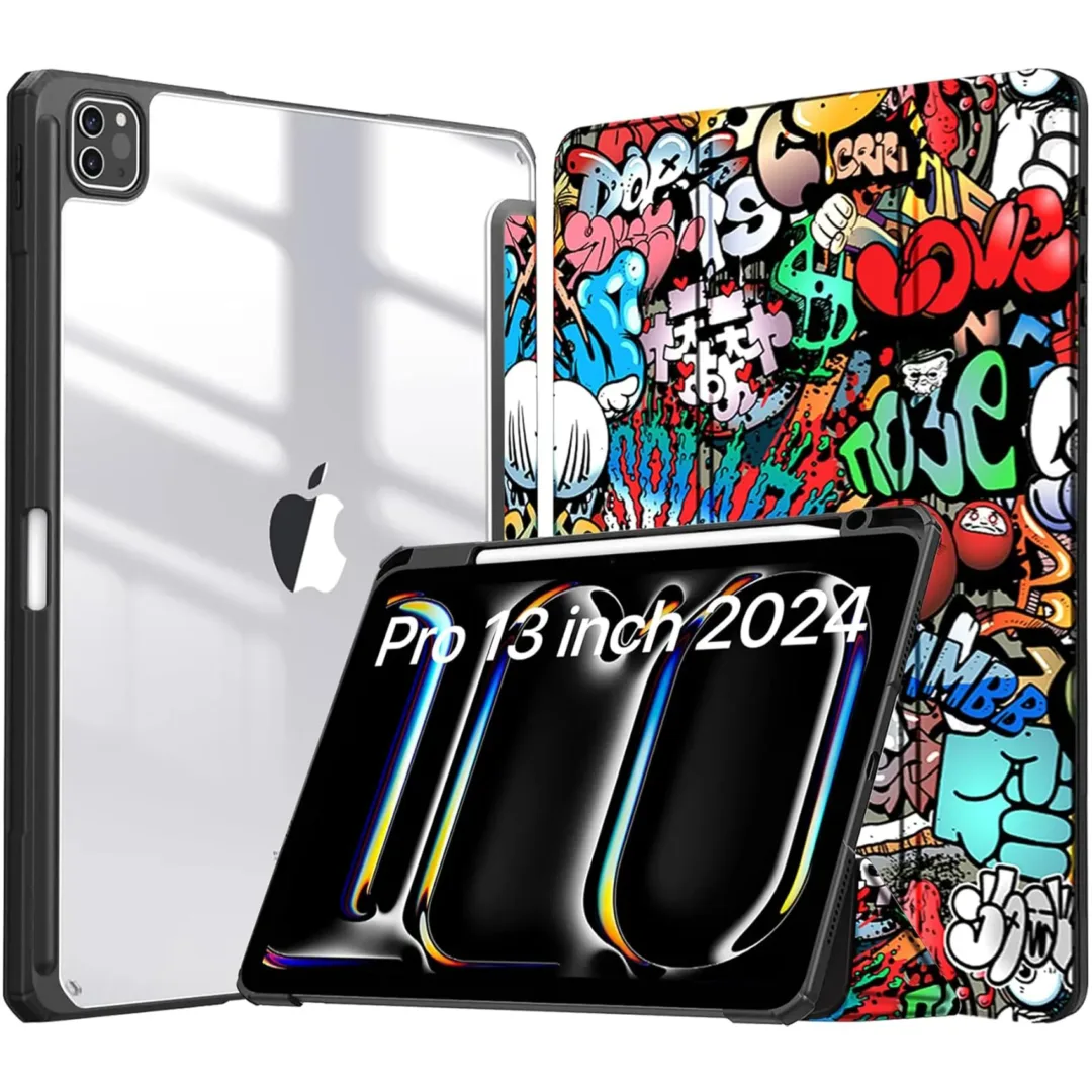 Robustrion for iPad Pro 13 inch M4 Cover Case (M4) 2024 with [Pencil Holder] [Transparent Back] Hybrid Case Cover for iPad Pro 13 inch [Auto Sleep Wake Support] - Hippy