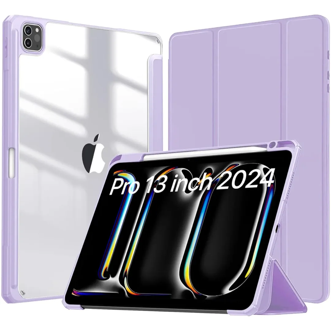 Robustrion for iPad Pro 13 inch M4 Cover Case (M4) 2024 with [Pencil Holder] [Transparent Back] Hybrid Case Cover for iPad Pro 13 inch [Auto Sleep Wake Support] - Lavender