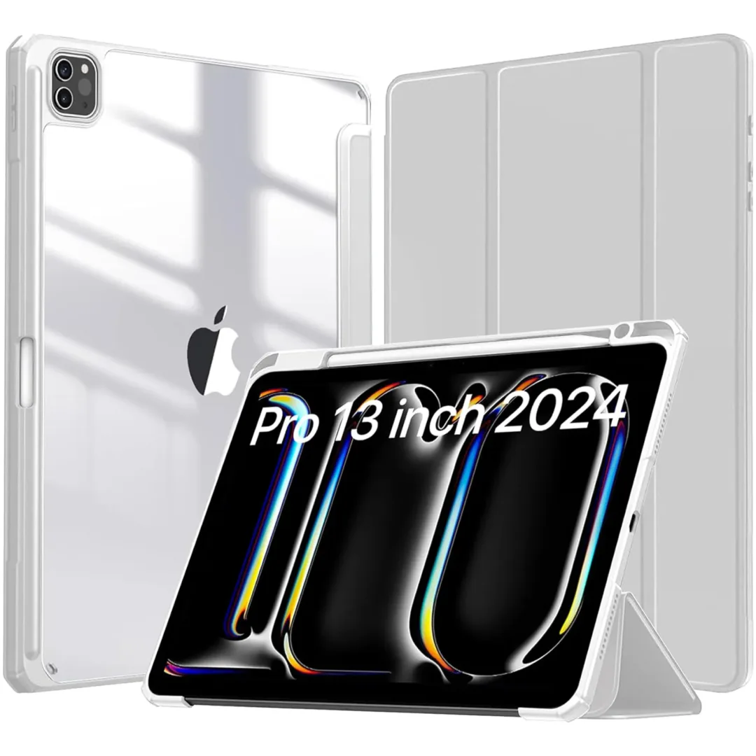 Robustrion for iPad Pro 13 inch M4 Cover Case (M4) 2024 with [Pencil Holder] [Transparent Back] Hybrid Case Cover for iPad Pro 13 inch [Auto Sleep Wake Support] - LightGrey