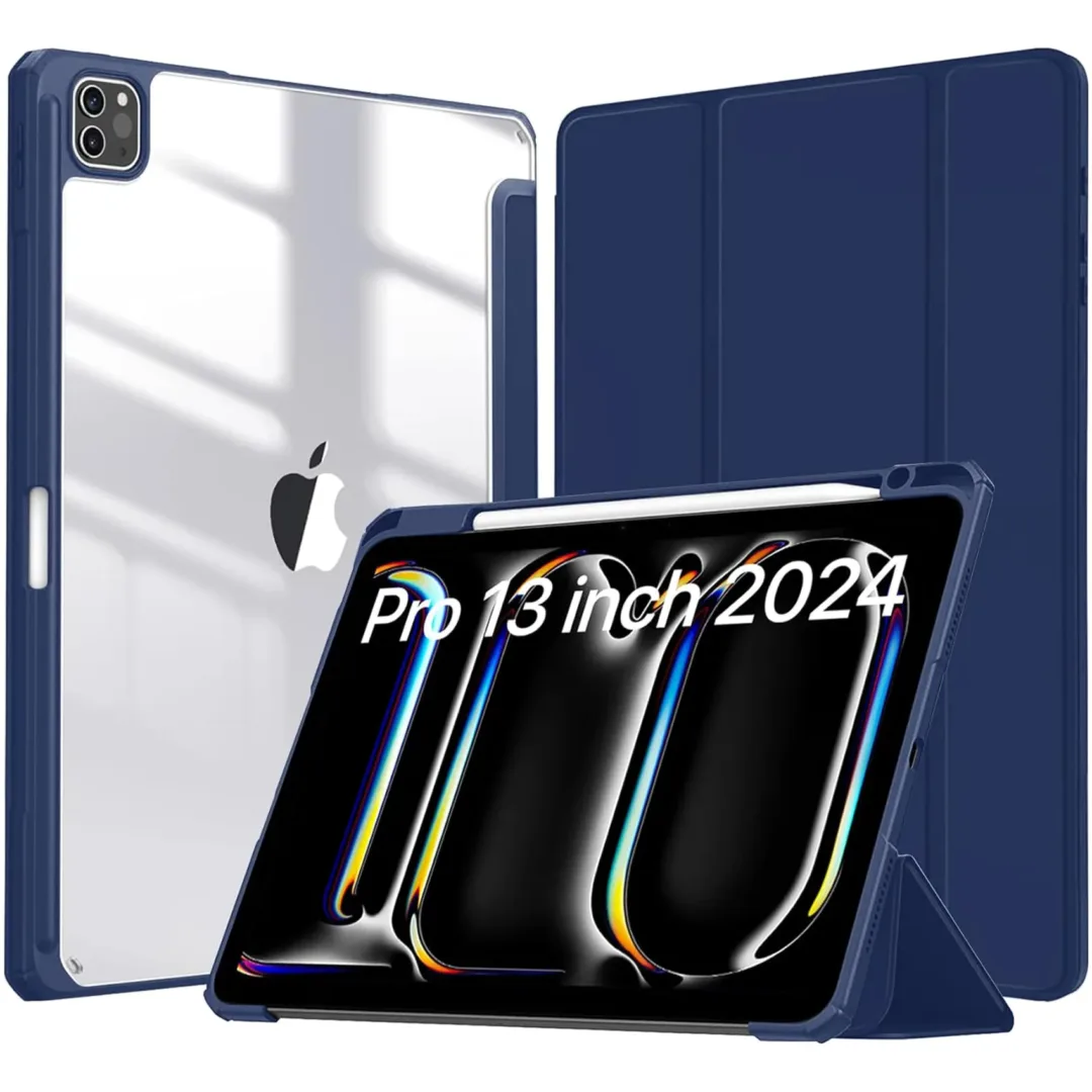 Robustrion for iPad Pro 13 inch M4 Cover Case (M4) 2024 with [Pencil Holder] [Transparent Back] Hybrid Case Cover for iPad Pro 13 inch [Auto Sleep Wake Support] - Navy