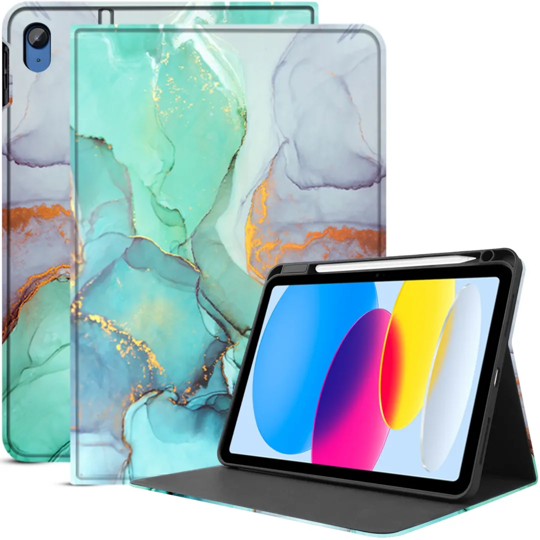 Robustrion Cover Case for iPad 11th Generation (A16) / 10th Generation Cover, Folio Cover Case with [Pencil Holder] [Auto Sleep Wake] for iPad 10th Gen 10.9 inch / 11th Gen 11 inch - MarbleGreen