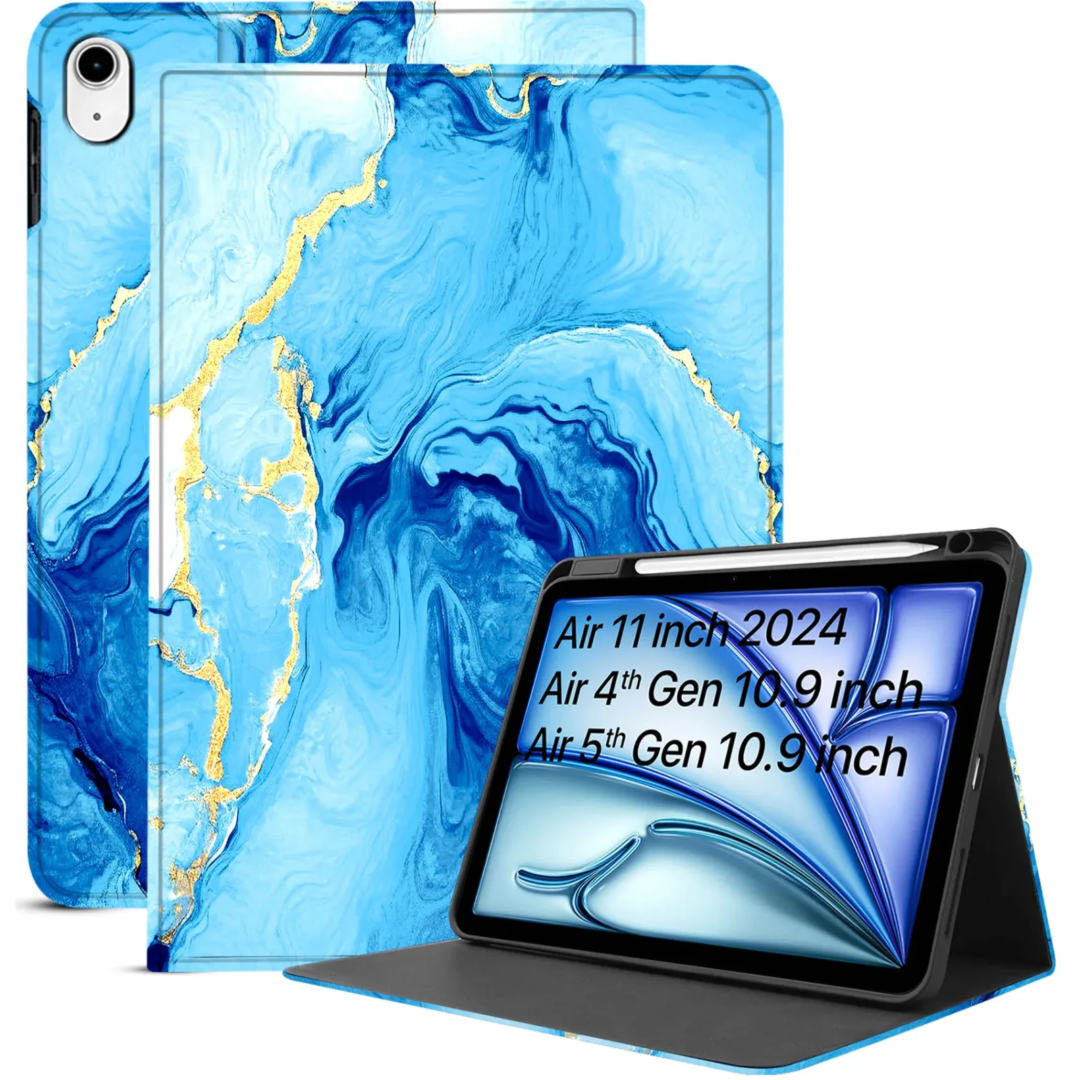 Robustrion Case Cover for iPad Air 11 inch M3 / M2 (2024/2025) / iPad Air 5th Generation Cover / 4th Gen 10.9 inch with [Pencil Holder Right Side] [Auto Sleep Wake] Folio Cover Case - OceanBlue