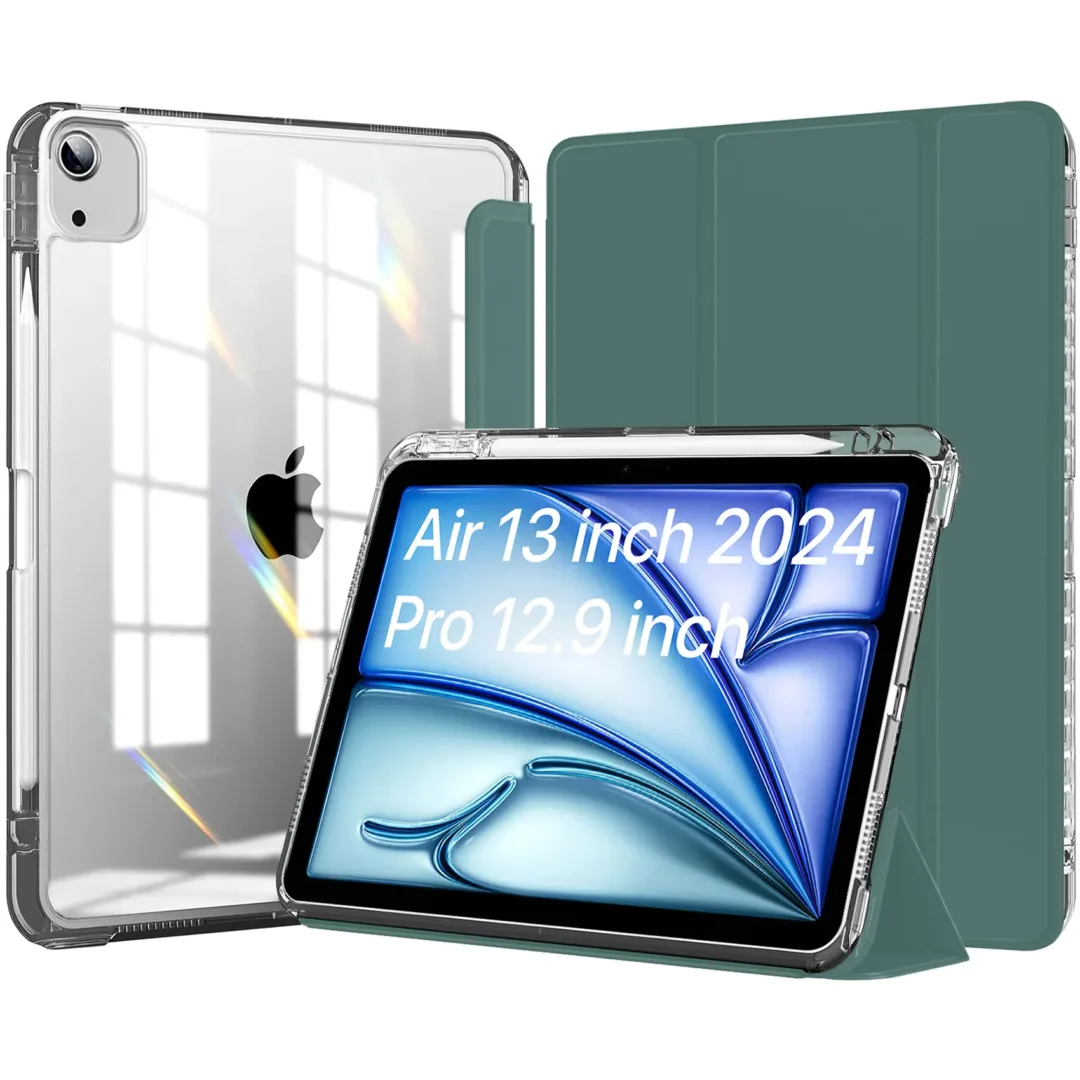 Robustrion Cover for iPad Air 13 inch M3/M2 Cover Case (2025/2024) / for iPad Pro 12.9 inch with [Pencil Holder] [Transparent Back], Case Cover for iPad Air 13" [Auto Sleep Wake Support] - DKGrn