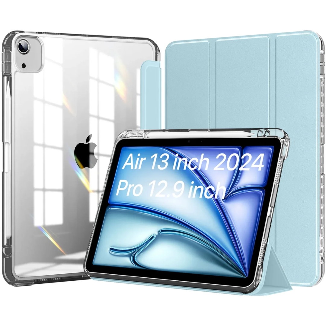 Robustrion Cover for iPad Air 13 inch M3/M2 Cover Case (2025/2024) / for iPad Pro 12.9 inch with [Pencil Holder] [Transparent Back], Case Cover for iPad Air 13" [Auto Sleep Wake Support] - Lblue