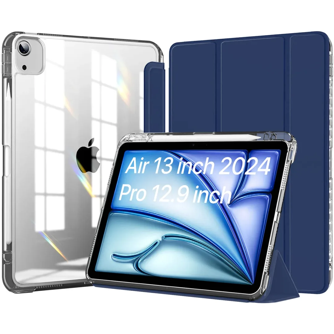 Robustrion Cover for iPad Air 13 inch M3/M2 Cover Case (2025/2024) / for iPad Pro 12.9 inch with [Pencil Holder] [Transparent Back], Case Cover for iPad Air 13" [Auto Sleep Wake Support] - Navy