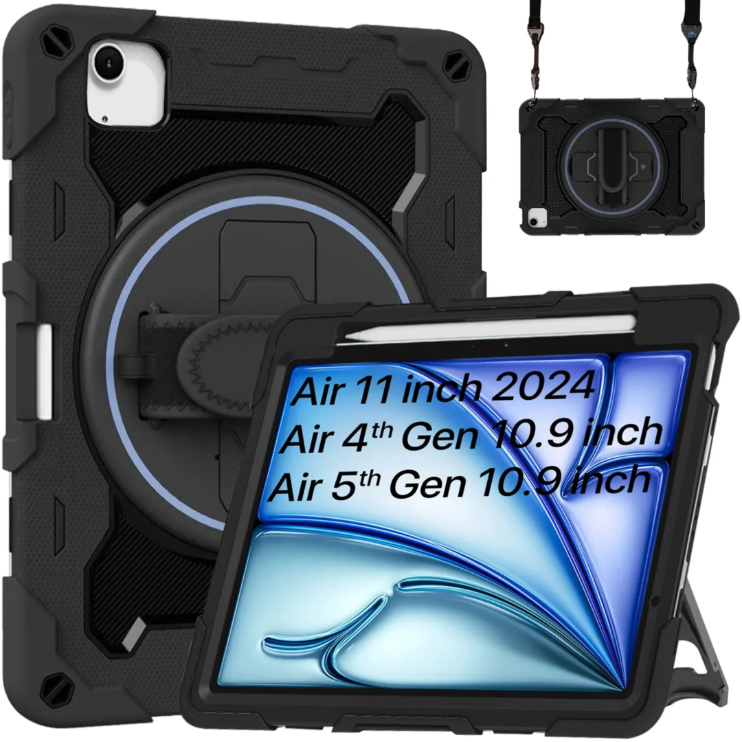 Robustrion for iPad Air 11 inch M3 / M2 / Air 4th 5th Generation Cover with [Pencil Holder] Armor Case with [Shoulder Strap] and [360 Rotating Hand Strap] for iPad Air M3/M2 6th 7th Gen
