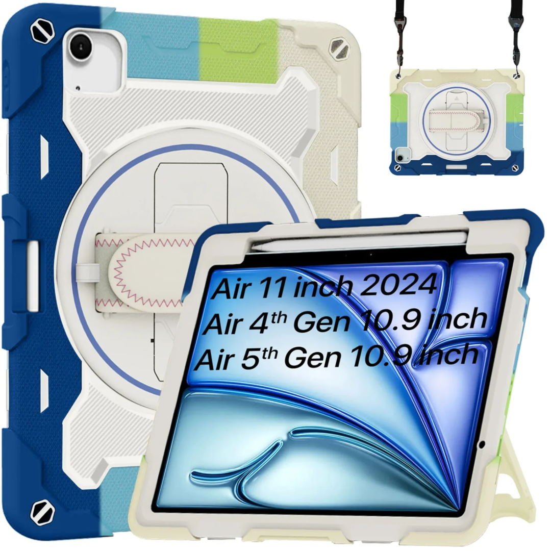 Robustrion for iPad Air 11 inch M3 / M2 / Air 4th 5th Generation Cover with [Pencil Holder] Armor Case with [Shoulder Strap] and [360 Rotating Hand Strap] for iPad Air M3/M2 6th 7th Gen - RainbowBlue
