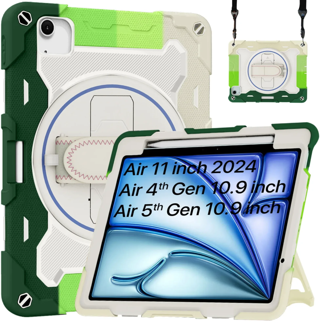 Robustrion for iPad Air 11 inch M3 / M2 / Air 4th 5th Generation Cover with [Pencil Holder] Armor Case with [Shoulder Strap] and [360 Rotating Hand Strap] for iPad Air M3/M2 6th 7th Gen - RainbowGreen