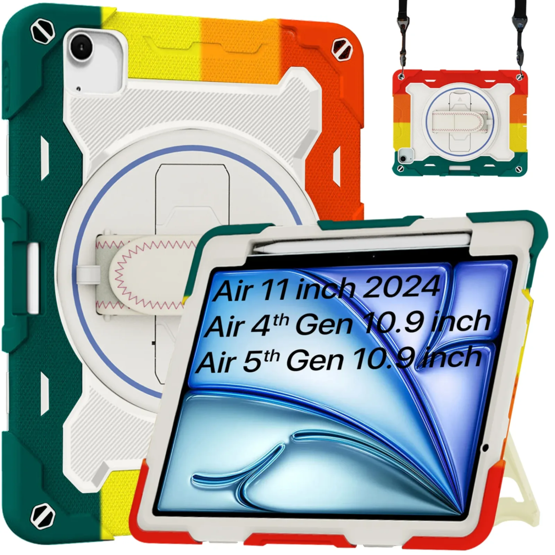 Robustrion for iPad Air 11 inch M3 / M2 / Air 4th 5th Generation Cover with [Pencil Holder] Armor Case with [Shoulder Strap] and [360 Rotating Hand Strap] for iPad Air M3/M2 6th 7th Gen - RainbowRed