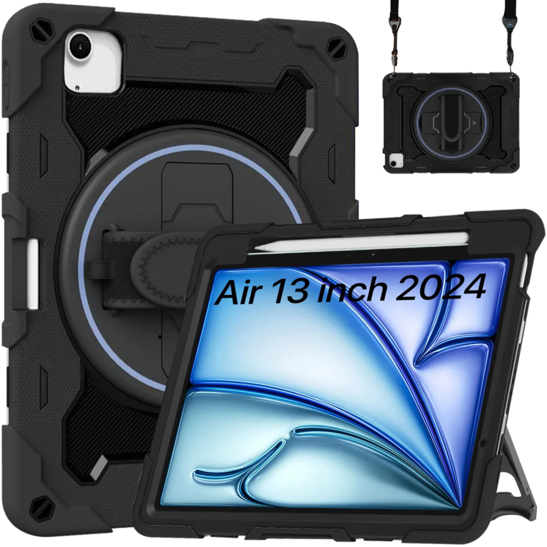 Robustrion for iPad Air 13 inch M3/M2 (2025/2024) Cover Case with [Pencil Holder] Armor Shockproof Case with [Shoulder Strap] and [360 Degree Rotating Hand Strap] for iPad Air 13 inch
