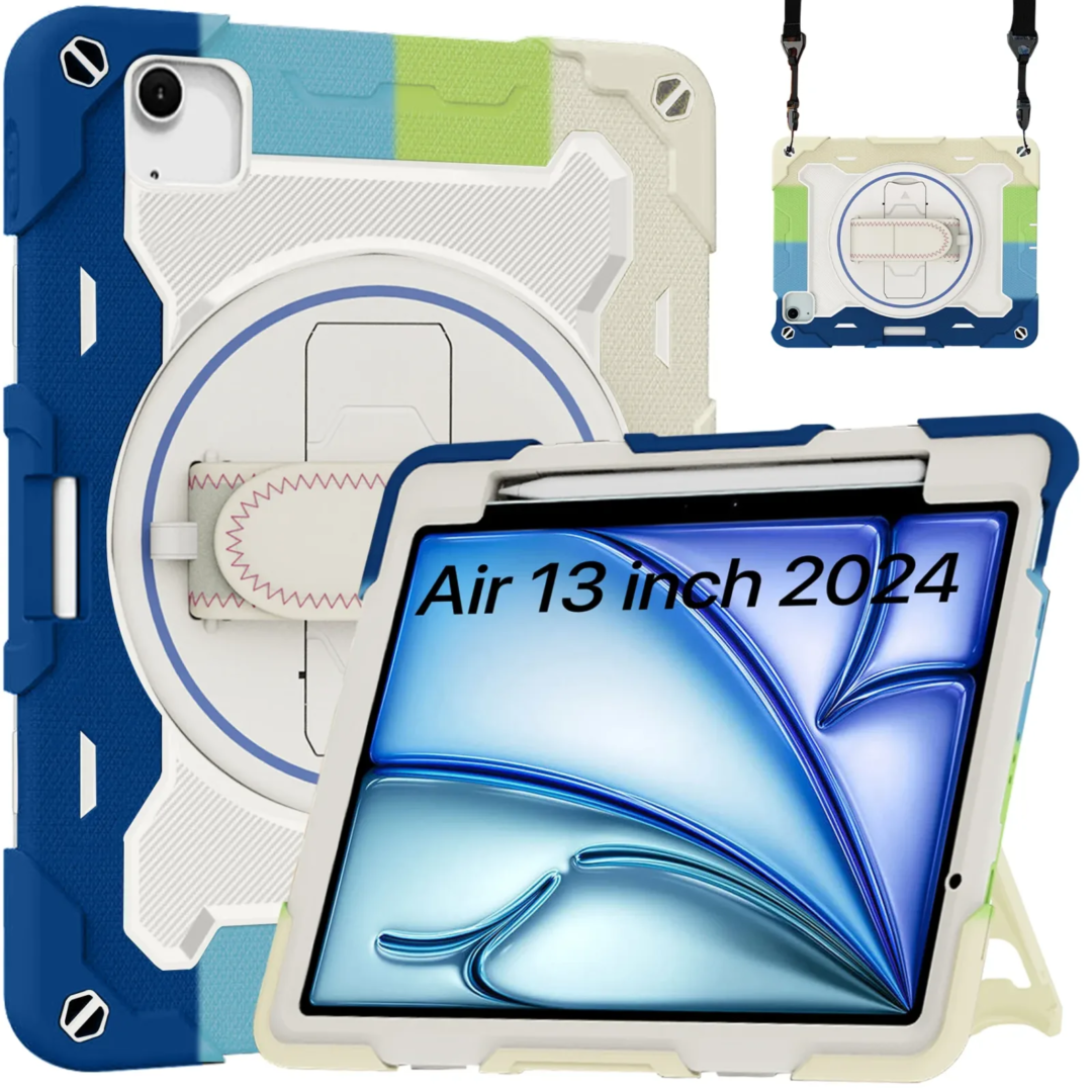 Robustrion for iPad Air 13 inch M3/M2 (2025/2024) Cover Case with [Pencil Holder] Armor Shockproof Case with [Shoulder Strap] and [360 Degree Rotating Hand Strap] for iPad Air 13 inch - RainbowBlue