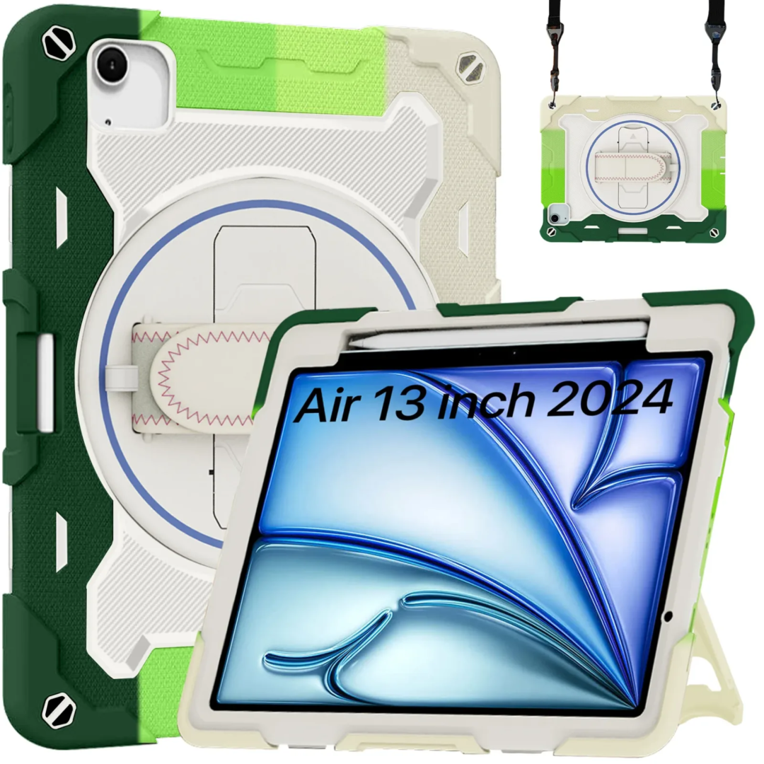 Robustrion for iPad Air 13 inch M3/M2 (2025/2024) Cover Case with [Pencil Holder] Armor Shockproof Case with [Shoulder Strap] and [360 Degree Rotating Hand Strap] for iPad Air 13 inch - RainbowGreen