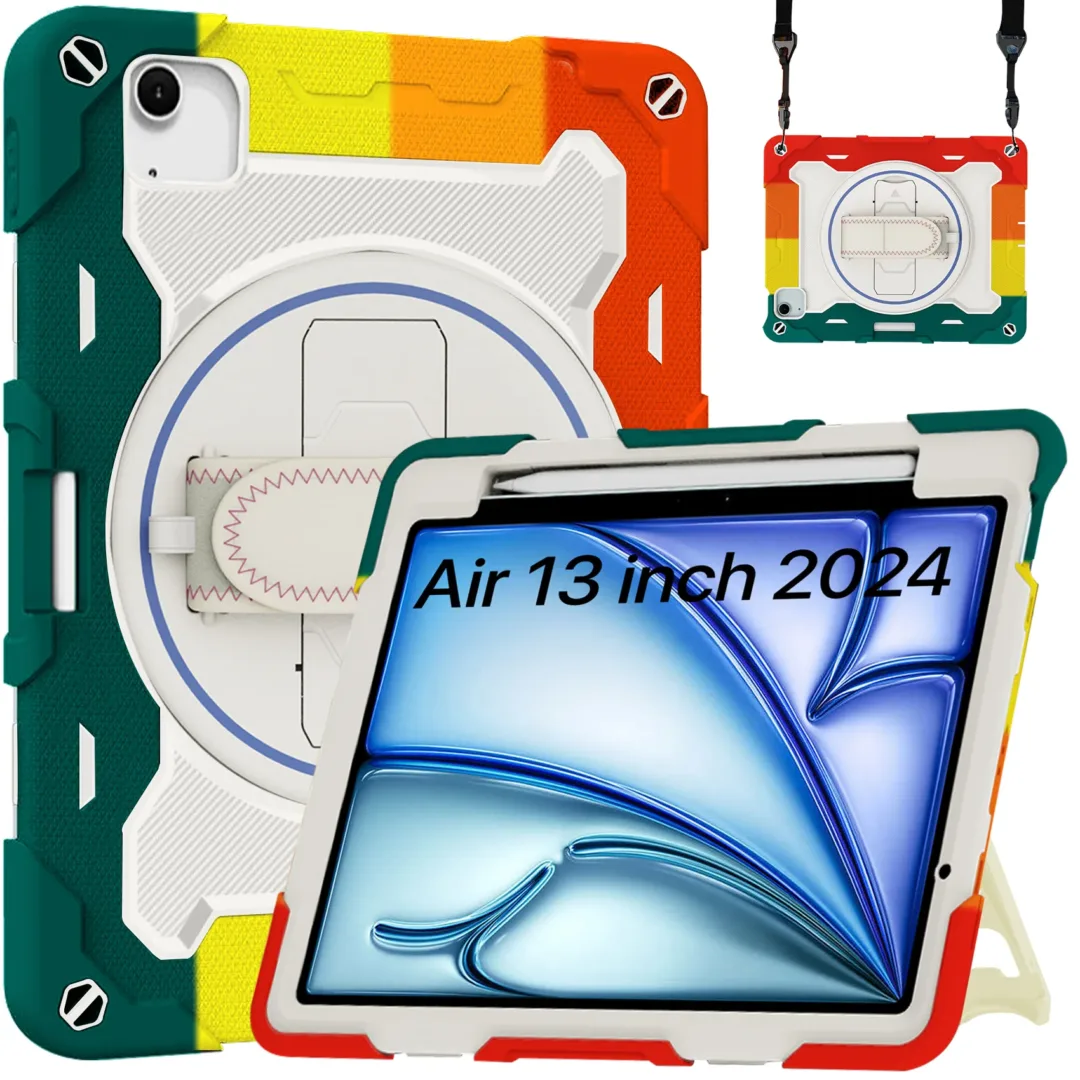Robustrion for iPad Air 13 inch M3/M2 (2025/2024) Cover Case with [Pencil Holder] Armor Shockproof Case with [Shoulder Strap] and [360 Degree Rotating Hand Strap] for iPad Air 13 inch - RainbowRed