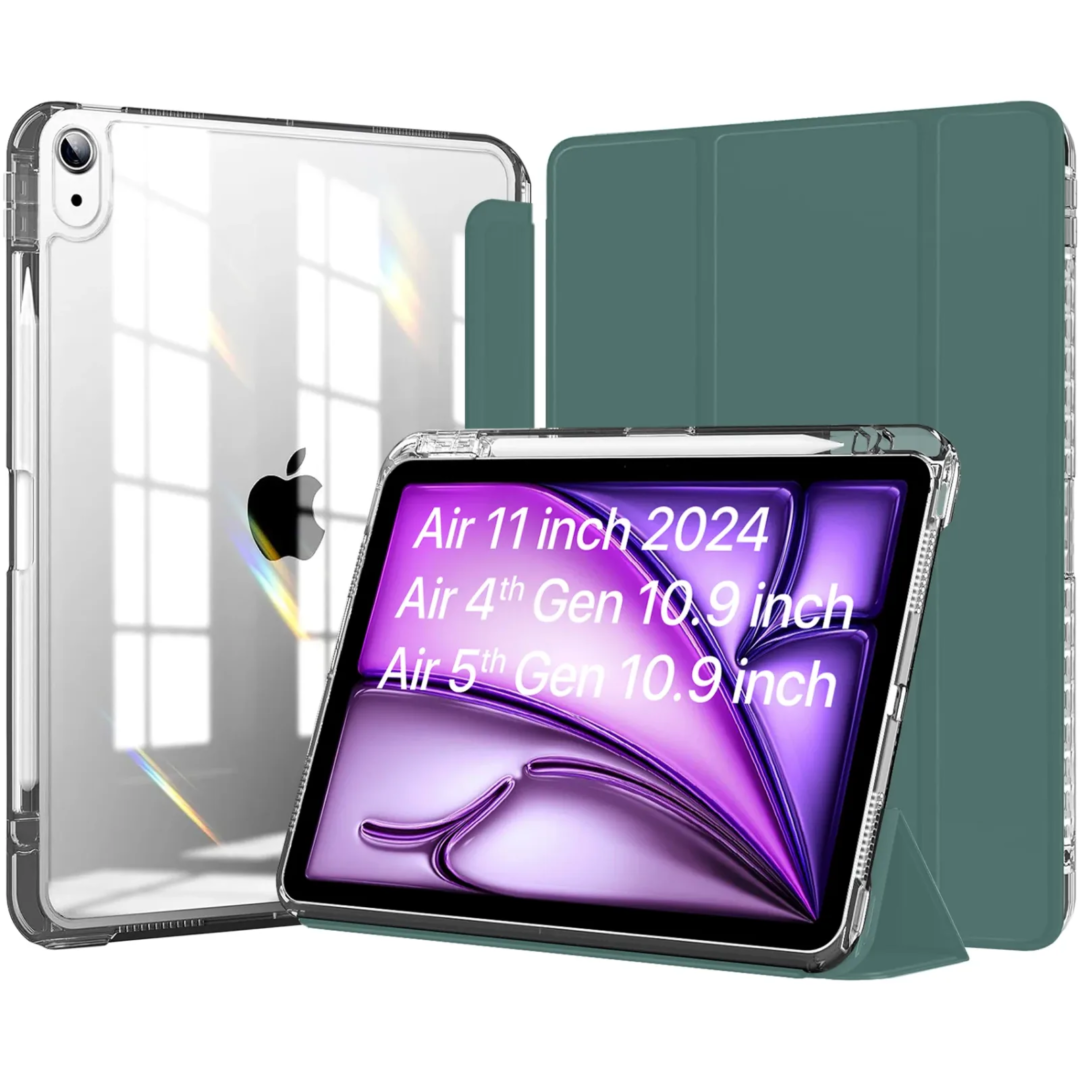 Robustrion Case Cover for iPad Air 11 Inch Cover M3 / M2 / iPad Air 5th Generation/Air 4th Gen with [Transparent Back] [Pencil Holder] for iPad Air 11 M3 M2/Air 4th 5th 6th 7th Generation - DKGreen