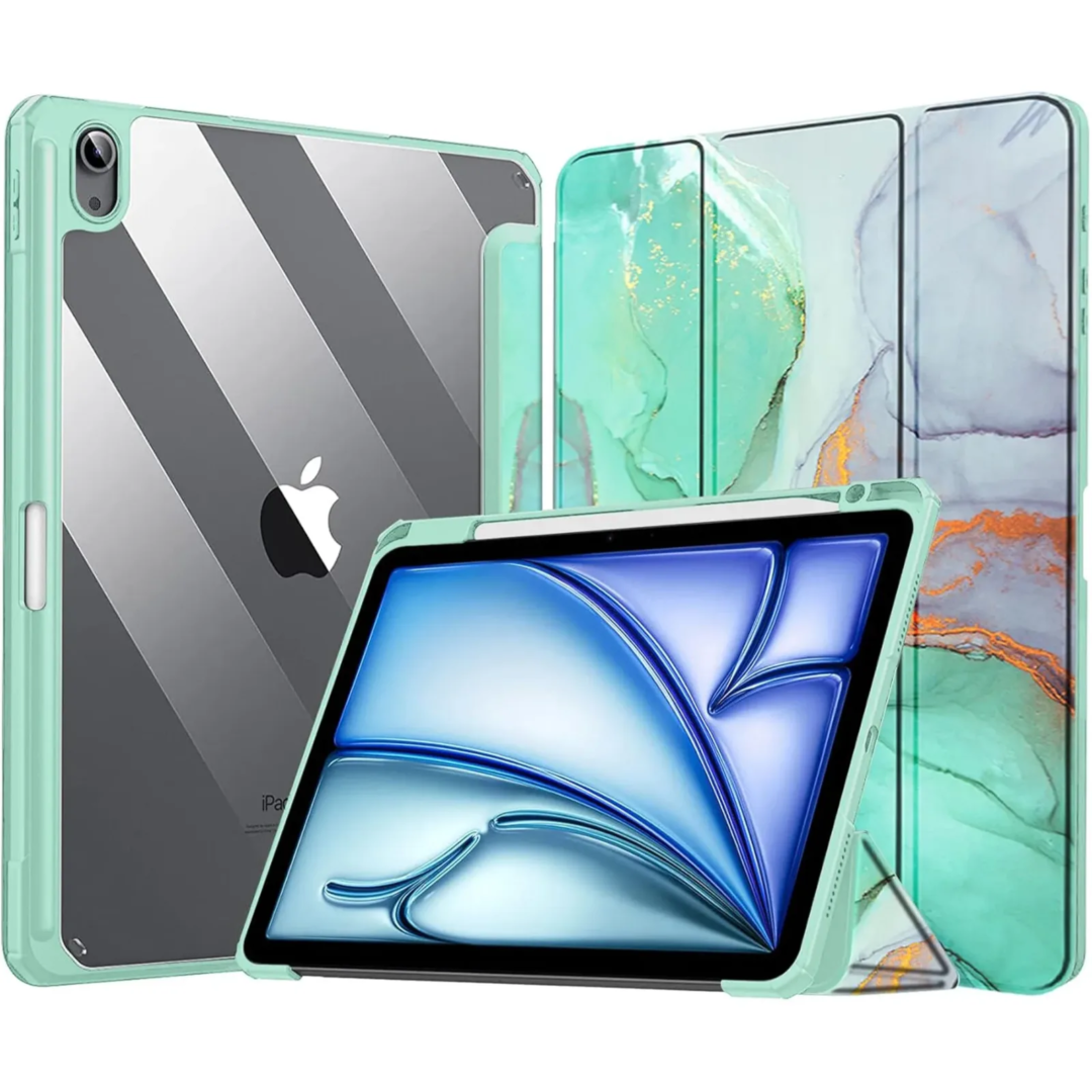 Robustrion Case Cover for iPad Air 11 Inch Cover M3 / M2 / iPad Air 5th Generation Cover/Air 4th Gen Hybrid Case with [Pencil Holder] for iPad Air 11 inch/Air 4th 5th 6th 7th Generation - MarbleGreen