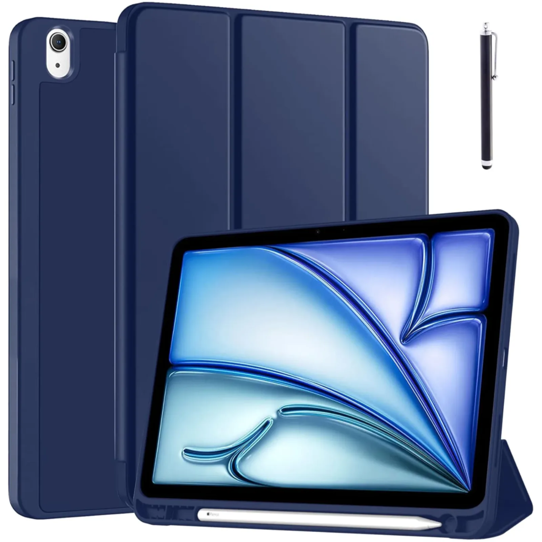 Robustrion Case Cover for iPad Air 11 inch Cover M2 2024 / iPad Air 4th 5th 6th Generation Cover 10.9" with [Pencil Holder] [Soft Flexible Back] [Auto Sleep Wake] and Stylus Pen - Navy