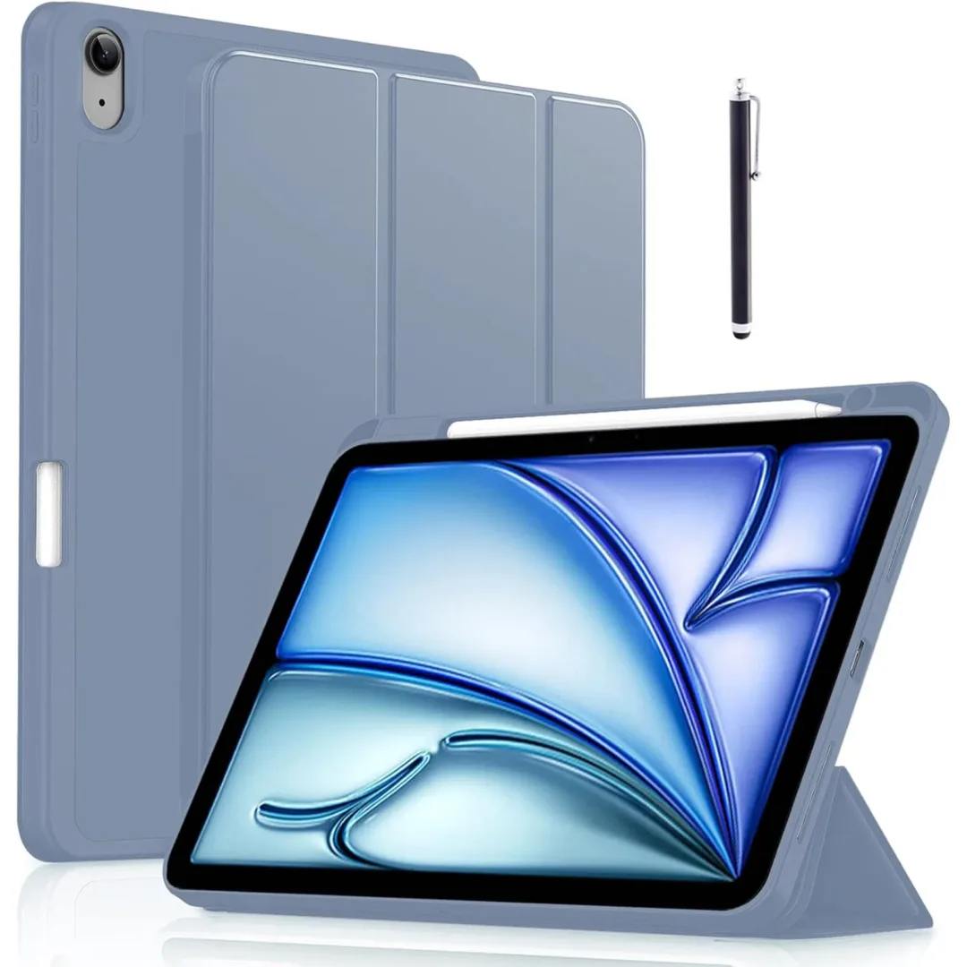 Robustrion Case Cover for iPad Air 11 inch Cover M2 2024 / iPad Air 4th 5th 6th Generation Cover 10.9" with [Pencil Holder] [Soft Flexible Back] [Auto Sleep Wake] and Stylus Pen - BluGrey