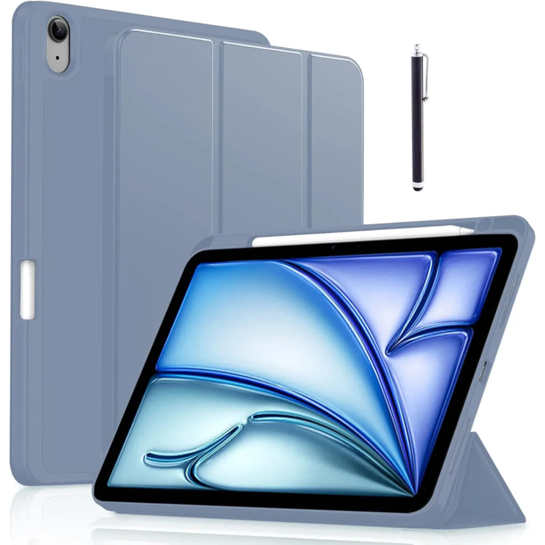 Robustrion Case Cover for iPad Air 11 inch Cover M2 2024 / iPad Air 4th 5th 6th Generation Cover 10.9" with [Pencil Holder] [Soft Flexible Back] [Auto Sleep Wake] and Stylus Pen - BluGrey