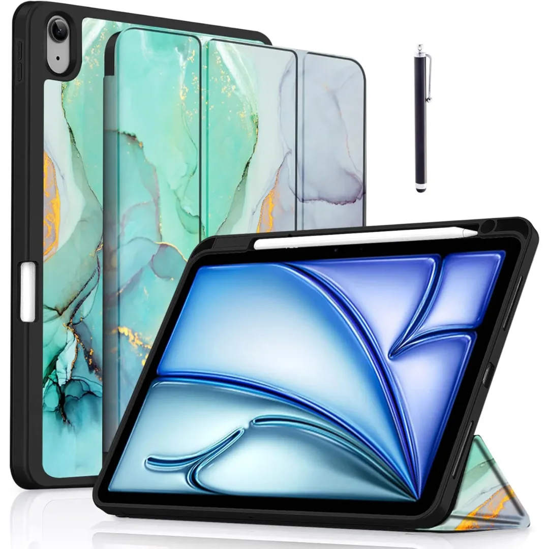 Robustrion Case Cover for iPad Air 11 inch M3 / M2 (2024/2025)/iPad Air 5th Generation Cover/4th Gen 10.9" with [Pencil Holder Right Side][Flexible Back][Auto Sleep Wake] and Stylus Pen - MrblGrn