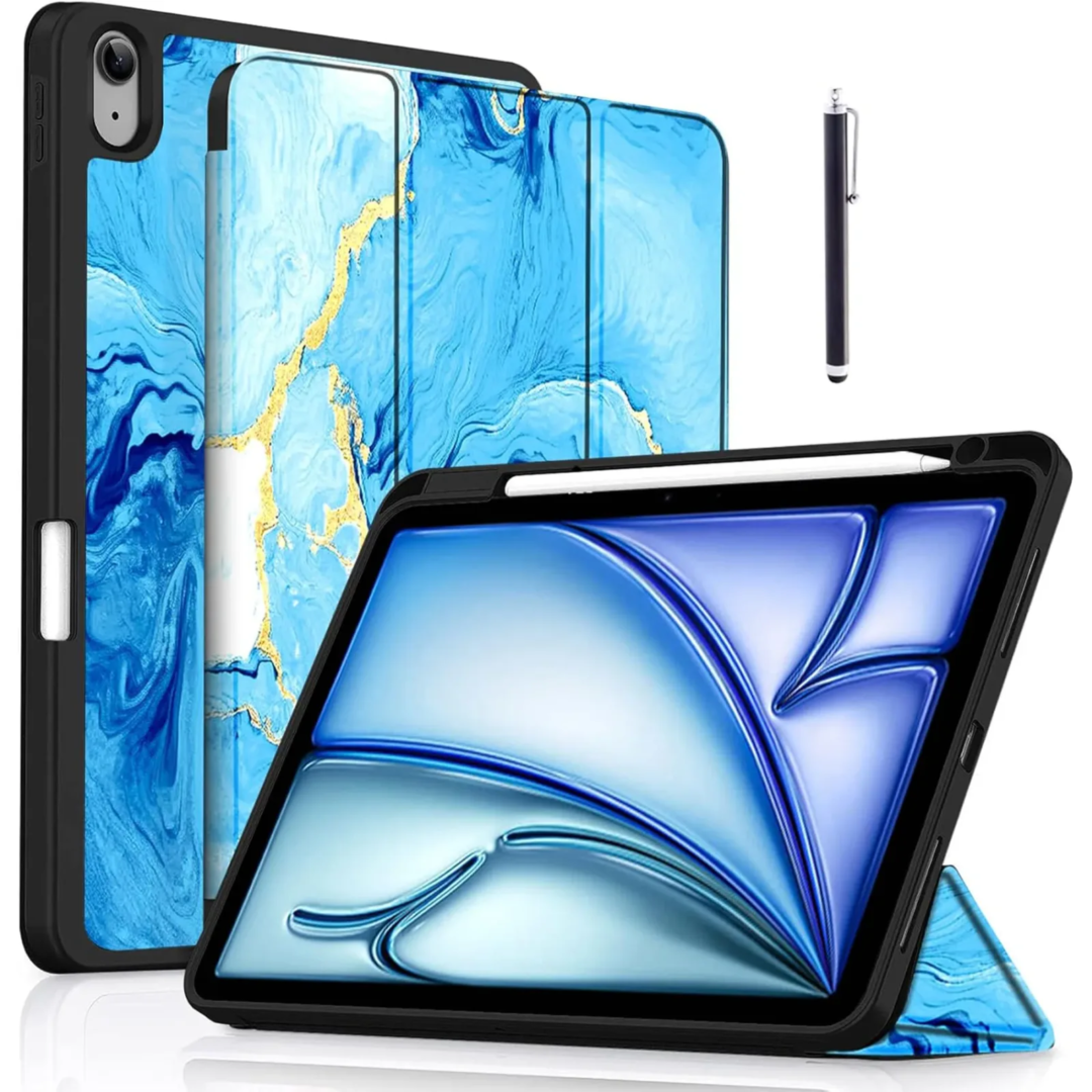 Robustrion Case Cover for iPad Air 11 inch M3 / M2 (2024/2025)/iPad Air 5th Generation Cover/4th Gen 10.9" with [Pencil Holder Right Side][Flexible Back][Auto Sleep Wake] and Stylus Pen - OcenBlu