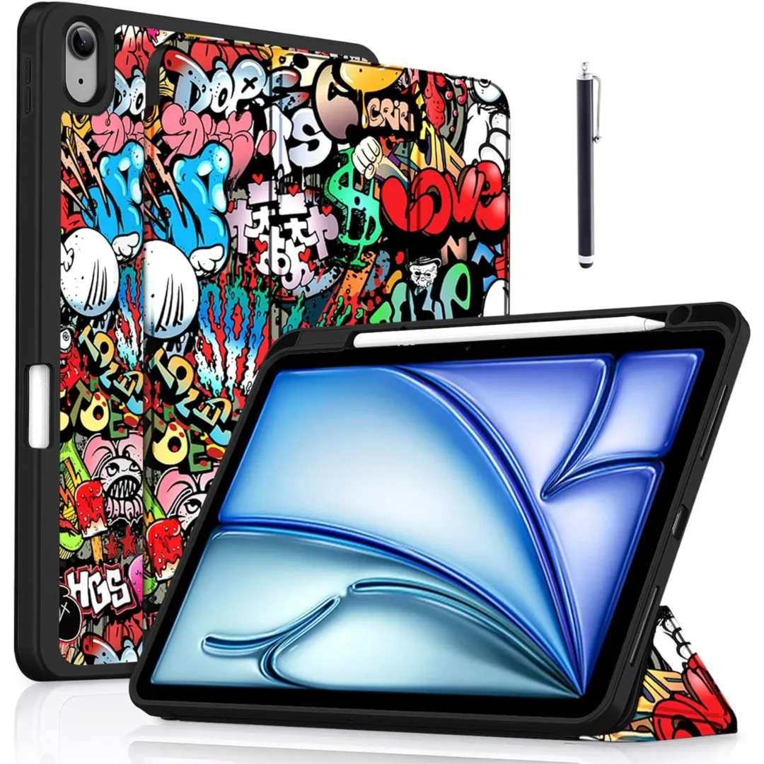 Robustrion Case Cover for iPad Air 11 inch M3 / M2 (2024/2025)/iPad Air 5th Generation Cover/4th Gen 10.9" with [Pencil Holder Right Side][Flexible Back][Auto Sleep Wake] and Stylus Pen - Hippy