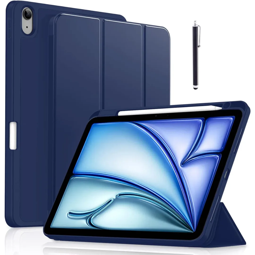 Robustrion Case Cover for iPad Air 11 inch M3 / M2 (2024/2025)/iPad Air 5th Generation Cover/4th Gen 10.9" with [Pencil Holder Right Side][Flexible Back][Auto Sleep Wake] and Stylus Pen - Navy