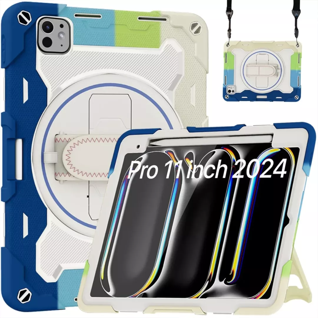 Robustrion for iPad Pro 11 inch M4 Cover Case with [Pencil Holder] Armor Shockproof Case with [Shoulder Strap] and [360 Degree Rotating Hand Strap] for iPad Pro 11 inch M4 2024 - RainbowBlue